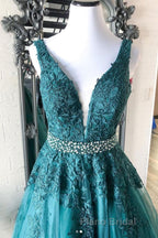 V Neck Green Lace Long Formal Prom Dress with Beaded Belt, Long Green Lace Formal Evening Dress