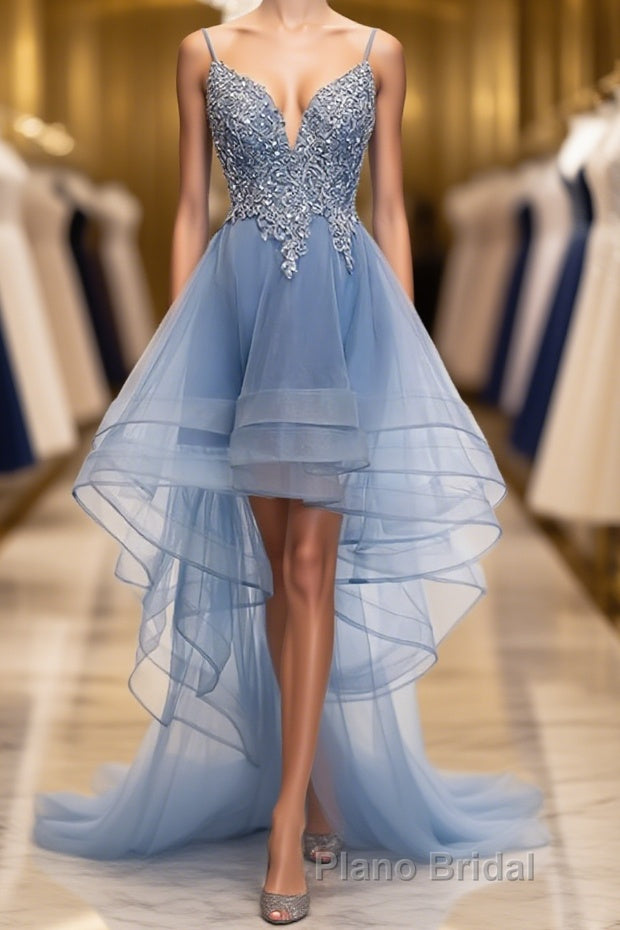 V Neck High Low Blue Lace Formal Prom Dresses, Blue Lace High Low Formal Evening Graduation Dresses Main image