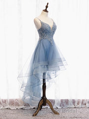 V Neck High Low Blue Lace Formal Prom Dresses, Blue Lace High Low Formal Evening Graduation Dresses