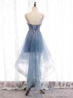 V Neck High Low Blue Lace Formal Prom Dresses, Blue Lace High Low Formal Evening Graduation Dresses