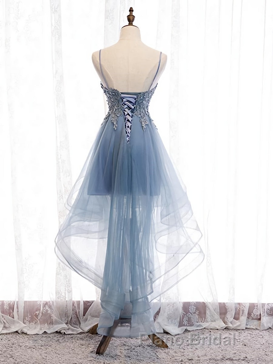 V Neck High Low Blue Lace Formal Prom Dresses, Blue Lace High Low Formal Evening Graduation Dresses