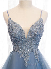 V Neck High Low Blue Lace Formal Prom Dresses, Blue Lace High Low Formal Evening Graduation Dresses
