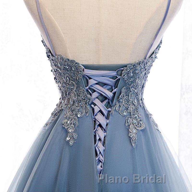 V Neck High Low Blue Lace Formal Prom Dresses, Blue Lace High Low Formal Evening Graduation Dresses