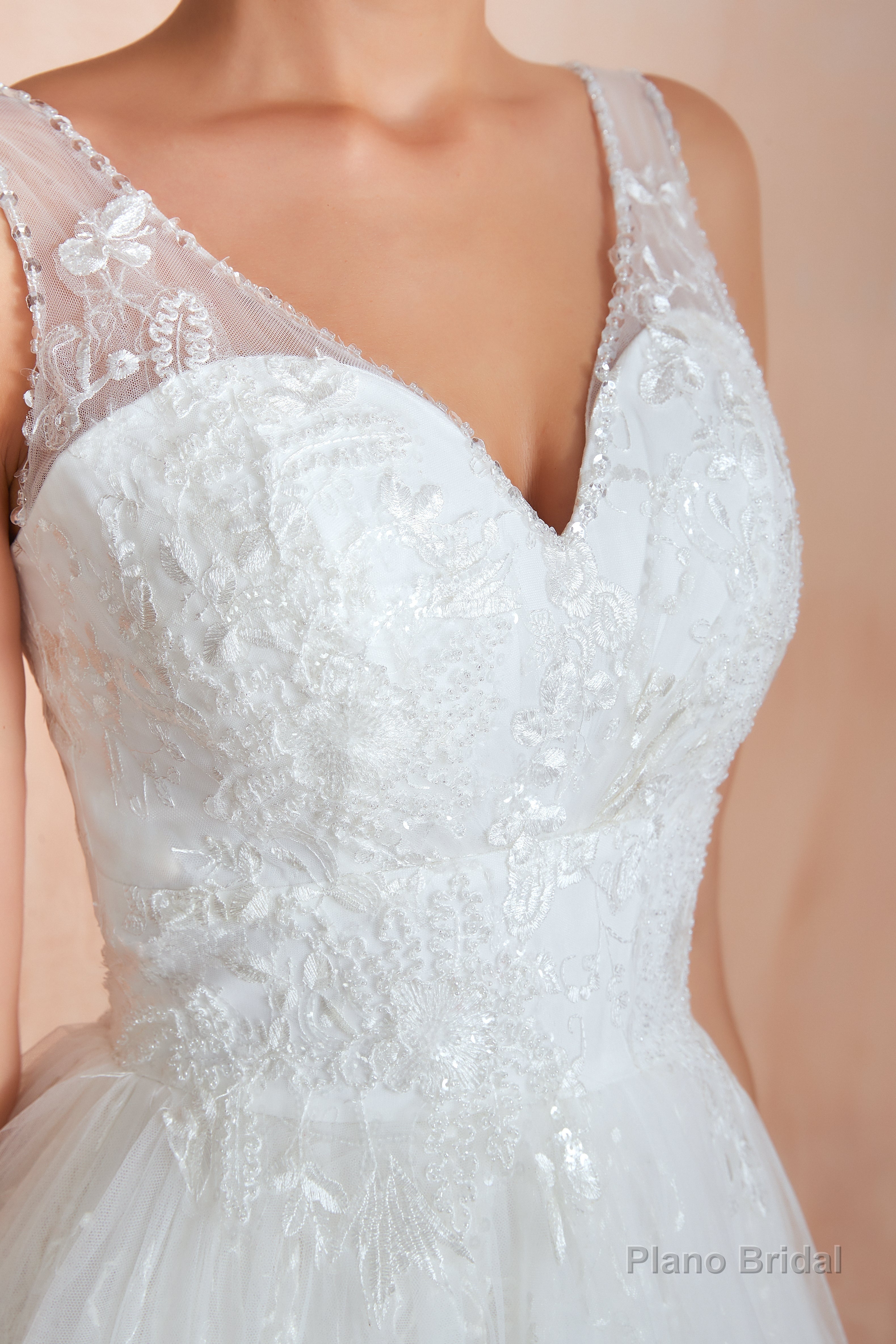 V-Neck Lace Pleated White A-Line Wedding Dresses
