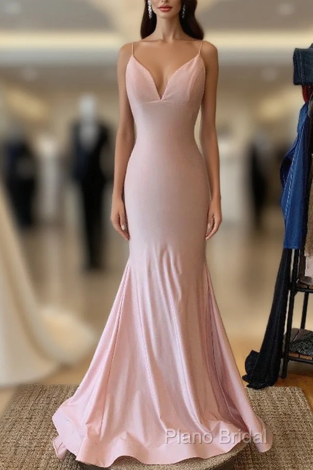 V Neck Lace-Up Back Sexy Mermaid Pink Long Formal Prom Dresses