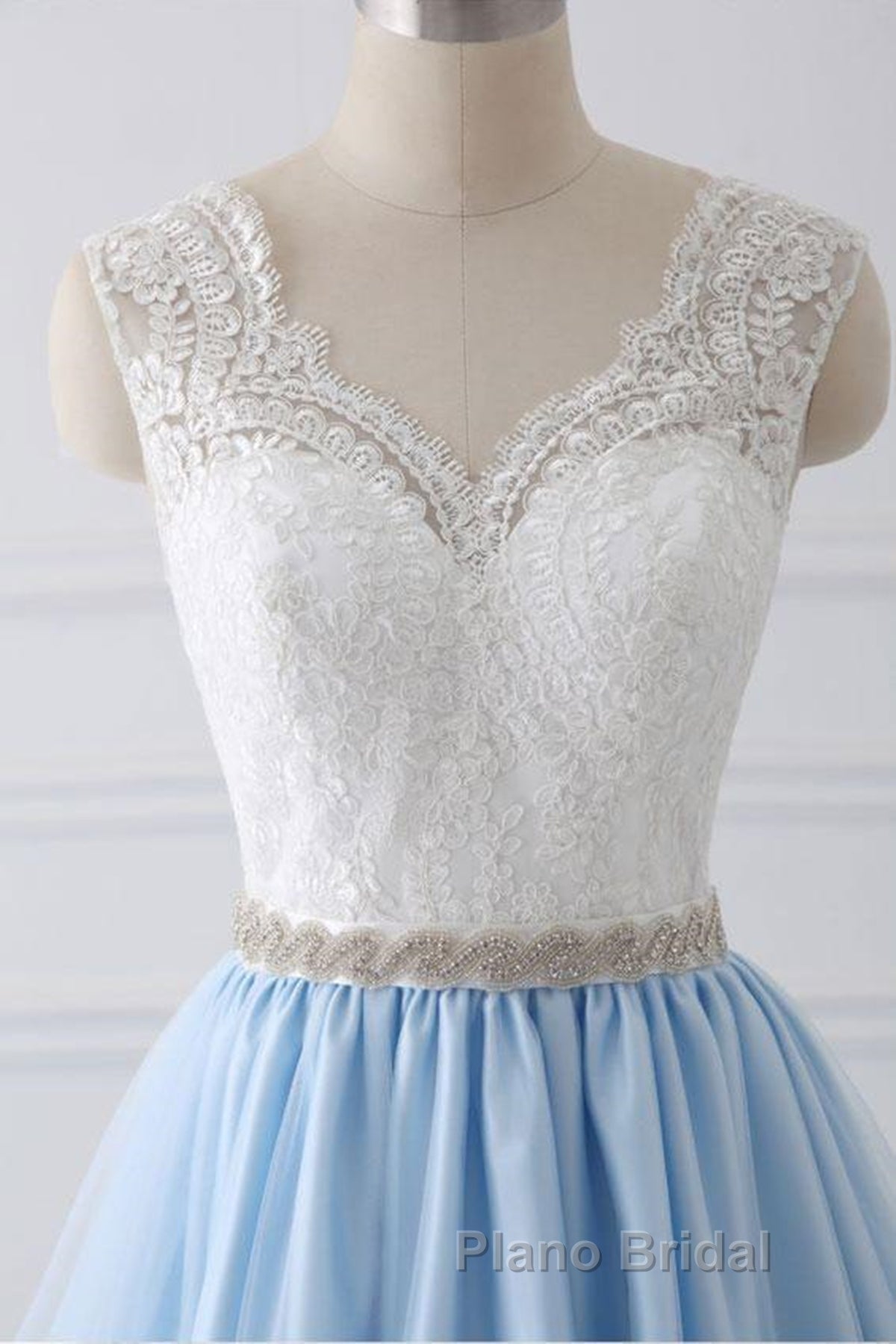 V Neck Light Blue Lace Formal Prom Dresses, Light Blue Lace Formal Evening Dresses Secondary image