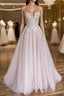 V Neck Light Pink Tulle Lace Formal Prom Dresses, Light Pink Tulle Lace Formal Evening Dresses