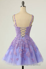 V-Neck Lilace Tulle A-Line Short Party Dresses with Appliques