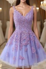 V-Neck Lilace Tulle A-Line Short Party Dresses with Appliques