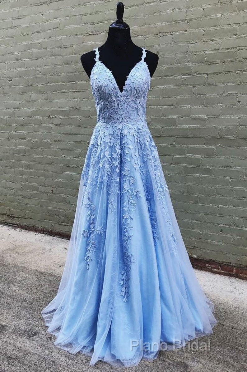 V Neck Long Blue Lace Formal Prom Dresses, Blue Long Lace Formal Bridesmaid Dresses Secondary image