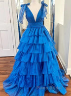 V-Neck Long Formal Prom Dresses With Ruffle Skirt
