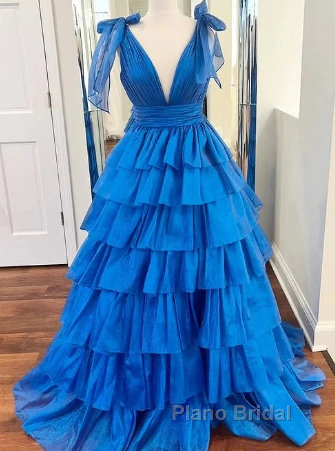 V-Neck Long Formal Prom Dresses With Ruffle Skirt