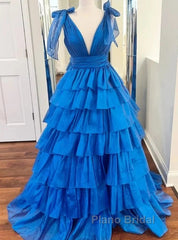 V-Neck Long Formal Prom Dresses With Ruffle Skirt