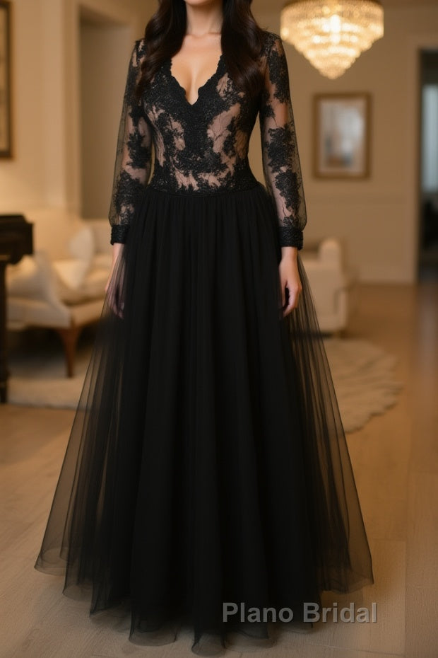 V Neck Long Sleeves Black Lace Long Formal Prom Dress, Long Sleeves Black Lace Formal Dress, Black Lace Evening Dress Main image