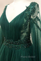V Neck Long Sleeves Green Lace Formal Prom Dresses, V Neck Green Lace Formal Evening Dresses