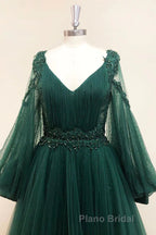 V Neck Long Sleeves Green Lace Formal Prom Dresses, V Neck Green Lace Formal Evening Dresses