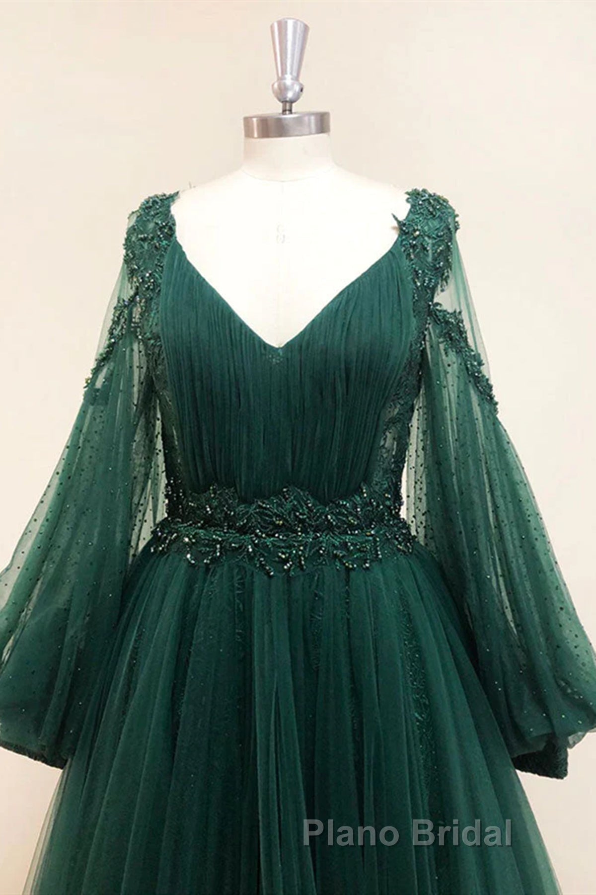 V Neck Long Sleeves Green Lace Formal Prom Dresses, V Neck Green Lace Formal Evening Dresses