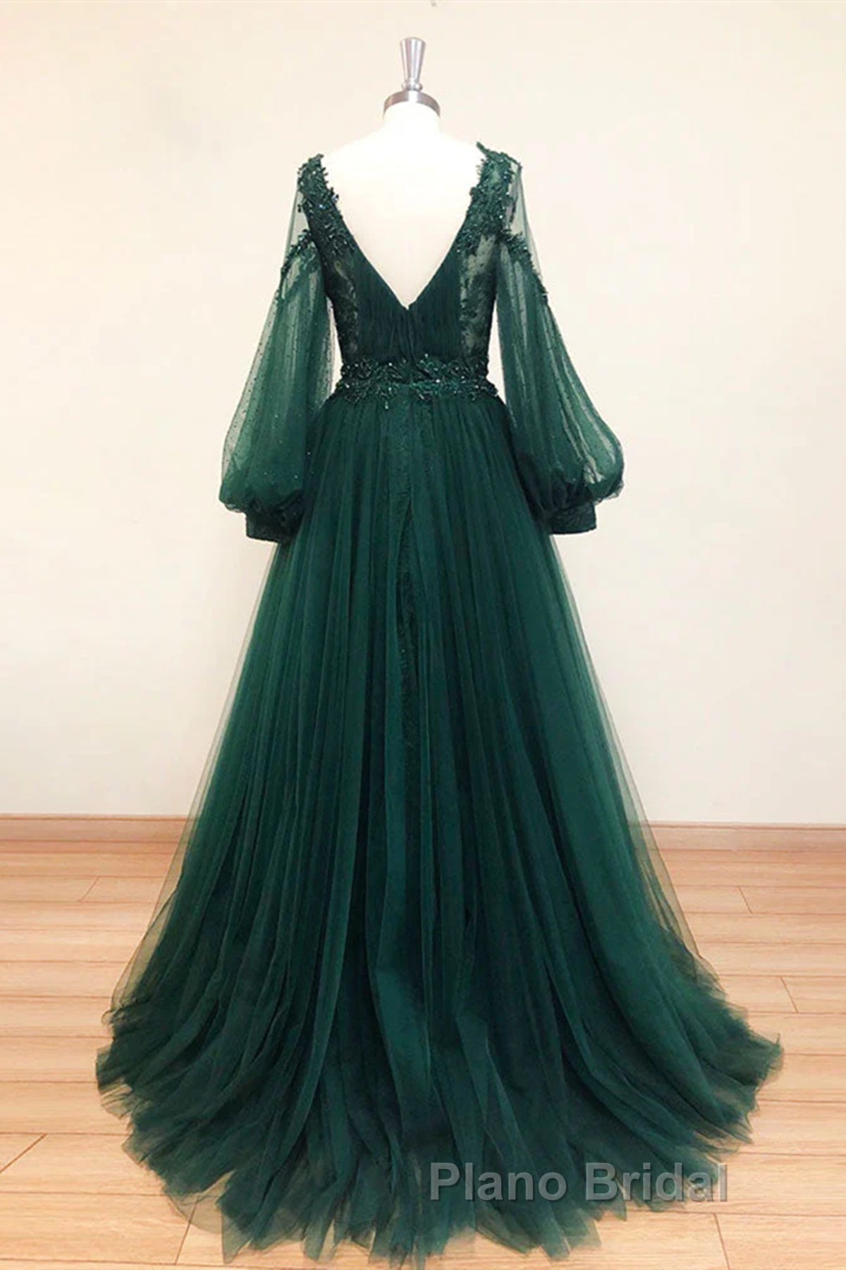 V Neck Long Sleeves Green Lace Formal Prom Dresses, V Neck Green Lace Formal Evening Dresses
