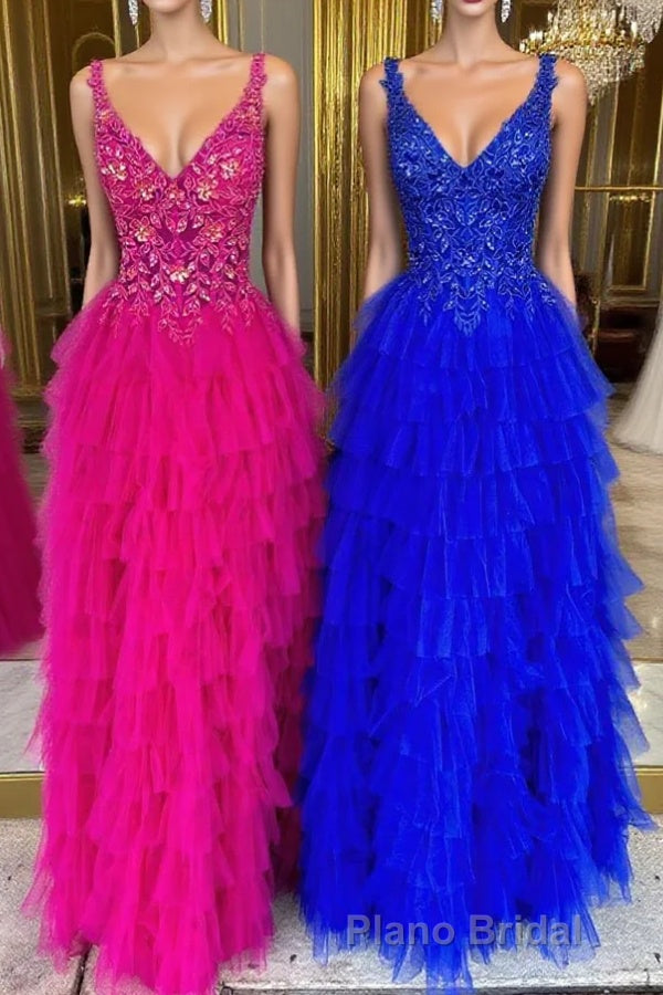 V-Neck Magenta Lace Appliques Layered Tulle Formal Prom Dresses