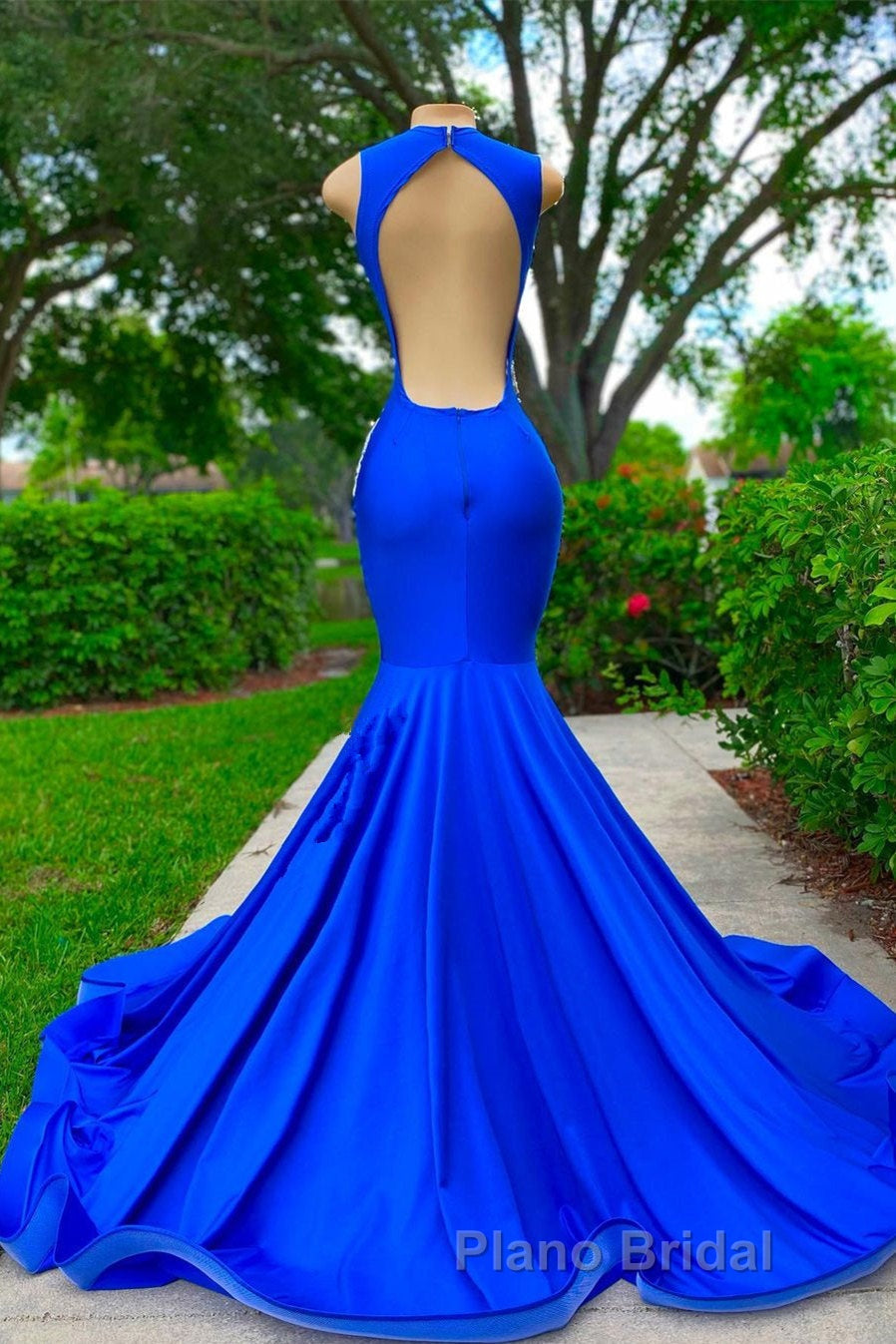V-neck Mermaid Appliques Lace Sequined Open Back One Shoulder Floor-length Sleeveless Formal Prom Dress