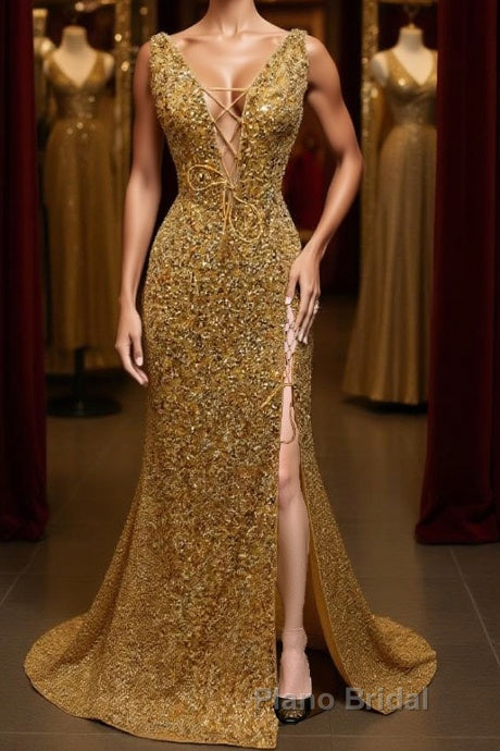 V Neck Mermaid Golden Sequins Long Formal Prom Dress with High Slit, Mermaid Golden Formal Dress, Gold Sequins Evening Dress Main image