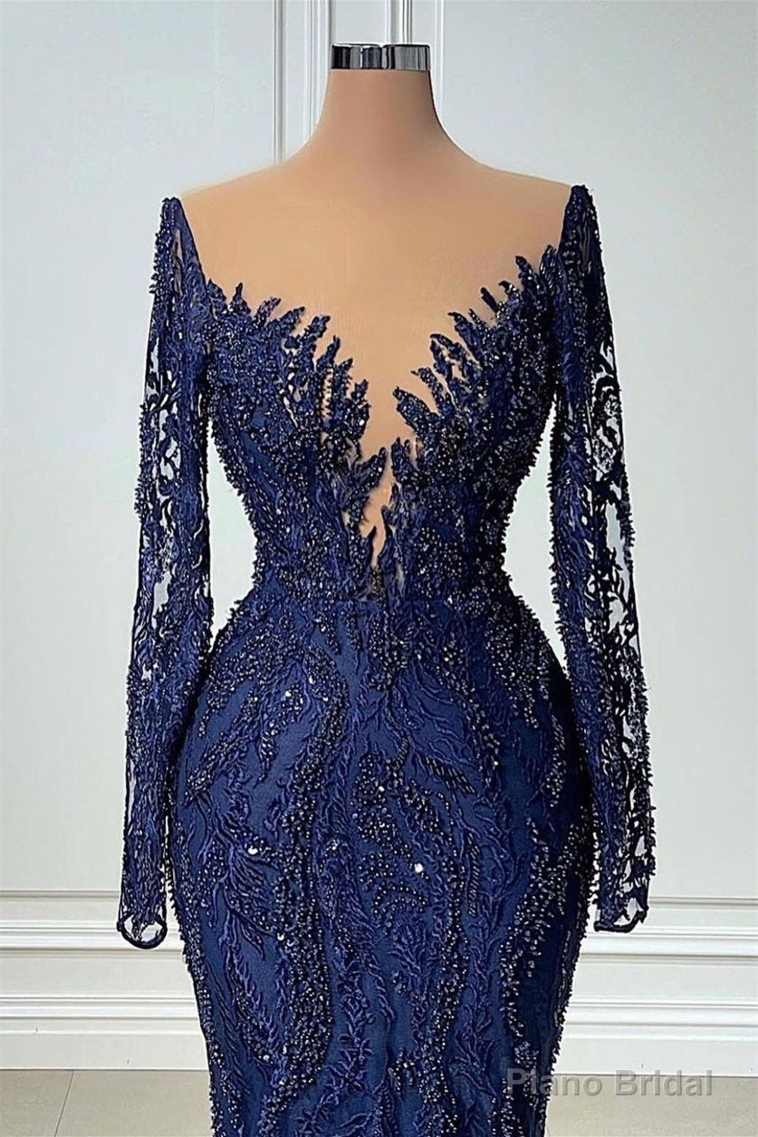 V-neck Mermaid Lace Floor-length Long Sleeve Sequined Prom Dress