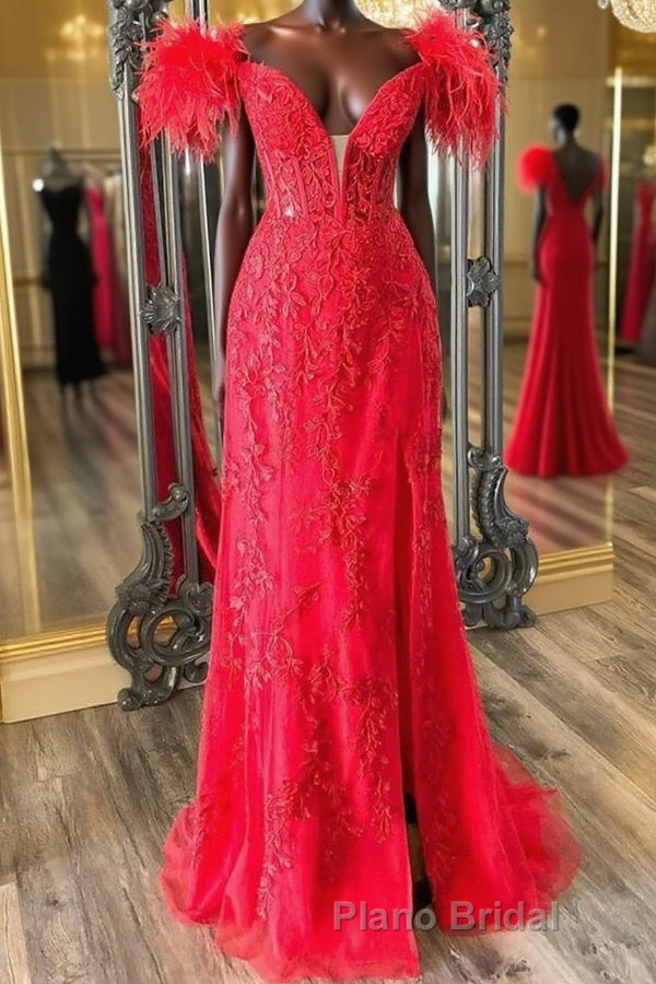 V Neck Mermaid Off Shoulder Red Lace Long Formal Prom Dress, Mermaid Red Formal Dress, Red Lace Evening Dress Main image