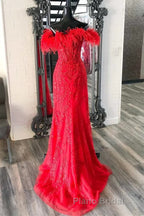 V Neck Mermaid Off Shoulder Red Lace Long Formal Prom Dress, Mermaid Red Formal Dress, Red Lace Evening Dress