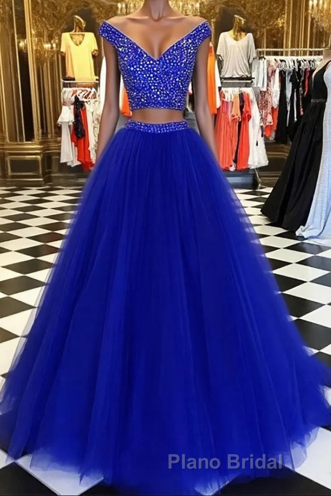 V Neck Off Shoulder 2 Pieces Beads Blue Tulle Long Formal Prom Dress, Blue 2 Pieces Ball Gown, Evening Dress Main image
