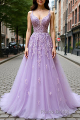 V Neck Off Shoulder Long Lilac Lace Formal Prom Dress, Off Shoulder Purple Lace Formal Graduation Evening Dress