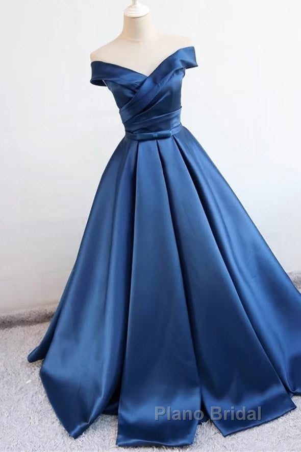 V Neck Off The Shoulder Long Satin Formal Prom Dresses Ball Gowns
