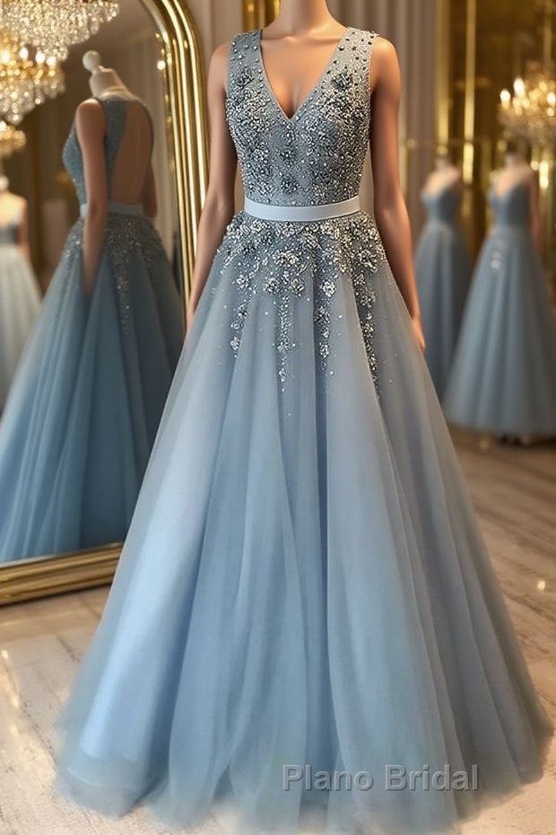 V Neck Open Back Beaded Blue Long Formal Prom Dress with 3D Flowers, Open Back Blue Formal Graduation Evening Dress Main image