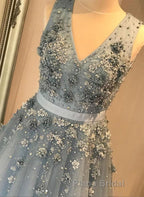 V Neck Open Back Beaded Blue Long Formal Prom Dress with 3D Flowers, Open Back Blue Formal Graduation Evening Dress