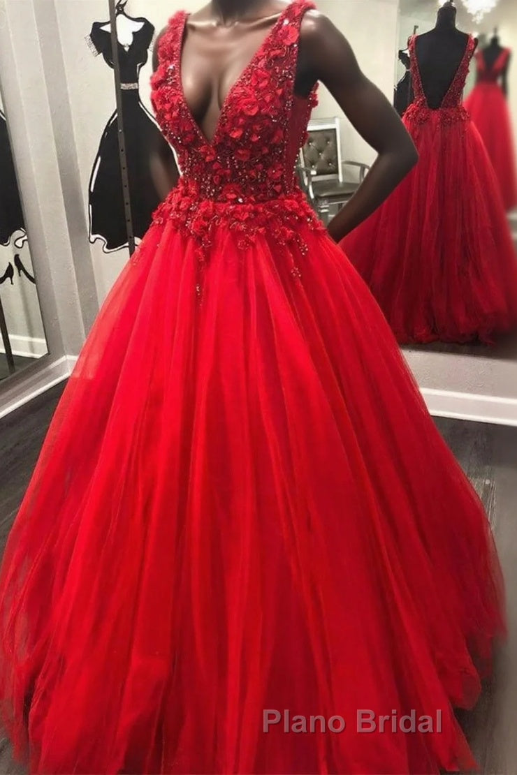 V Neck Open Back Beading Red Long Formal Prom Dress with 3D Flower, V Neck Red Formal Dress, Red Evening Dress