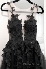 V Neck Open Back Black Tulle Lace Floral Long Formal Prom Dresses, Black Lace Formal Evening Dresses with Appliques