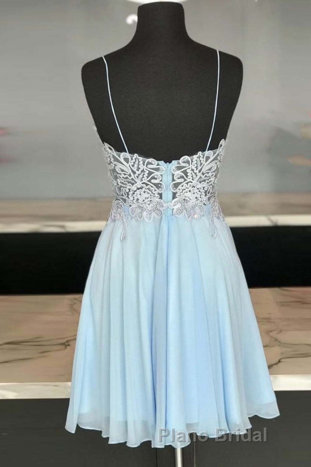 V Neck Open Back Blue Lace Short Formal Prom Dresses, Blue Lace Homecoming Dresses, Short Blue Formal Evening Dresses Secondary image