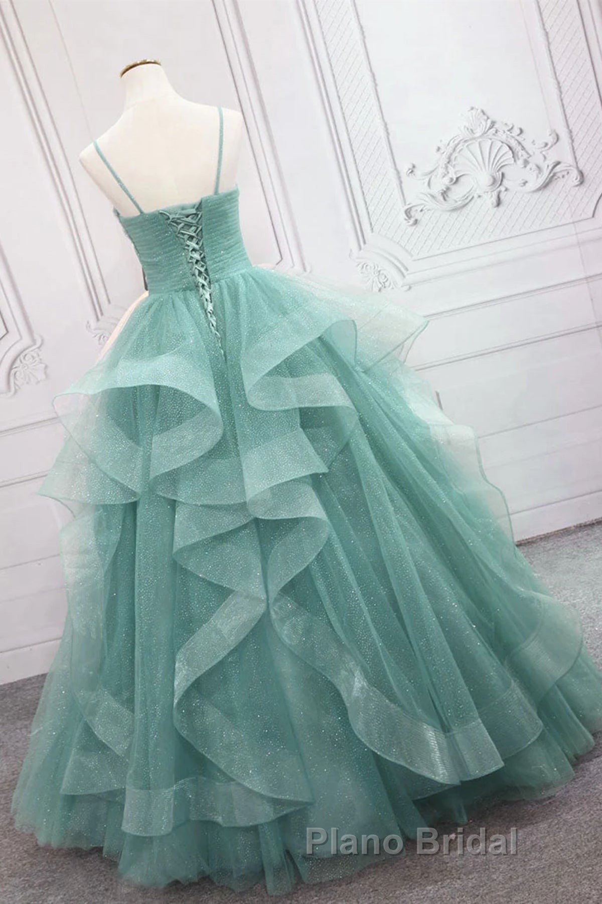 V Neck Open Back Fluffy Green Tulle Long Formal Prom Dresses, Green Formal Evening Dresses, Ball Gown