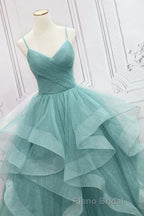 V Neck Open Back Fluffy Green Tulle Long Formal Prom Dresses, Green Formal Evening Dresses, Ball Gown