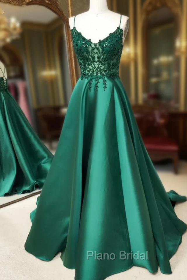 V Neck Open Back Green Lace Long Formal Prom Dresses, V Neck Backless Green Lace Long Formal Graduation Evening Dresses Main image