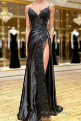 V Neck Open Back Mermaid Black Lace Long Formal Prom Dress, Mermaid Black Lace Formal Dresses