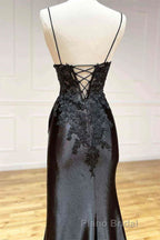 V Neck Open Back Mermaid Black Lace Long Formal Prom Dress, Mermaid Black Lace Formal Dresses