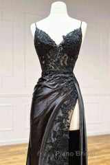 V Neck Open Back Mermaid Black Lace Long Formal Prom Dress with High Slit, Mermaid Black Formal Dress, Black Lace Evening Dress