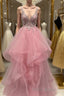 V Neck Open Back Pink Lace Puffy Tulle Long Formal Prom Dresses, Pink Lace Formal Dresses, Pink Evening Dresses