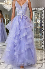 V Neck Open Back Purple Lace Long Formal Prom Dresses, Purple Lace Formal Evening Dresses, Purple Ball Gown