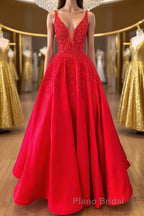 V Neck Open Back Red Lace Long Formal Prom Dress, Red Lace Formal Dress, Beaded Red Evening Dress