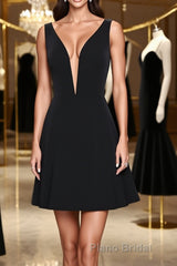 V Neck Open Back Short Black Formal Prom Dresses, V Neck Black Homecoming Dresses, Black Formal Evening Dresses