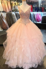V Neck Organza Ruffles Ball Gown Quinceanera Dresses