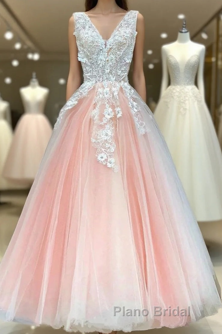 V Neck Pink Lace Appliques Long Sweet 16 Formal Prom Dress, Pink Lace Formal Dress, Pink Evening Dress