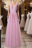 V Neck Pink Lace Formal Prom Dresses, Pink V Neck Lace Bridesmaid Formal Dresses