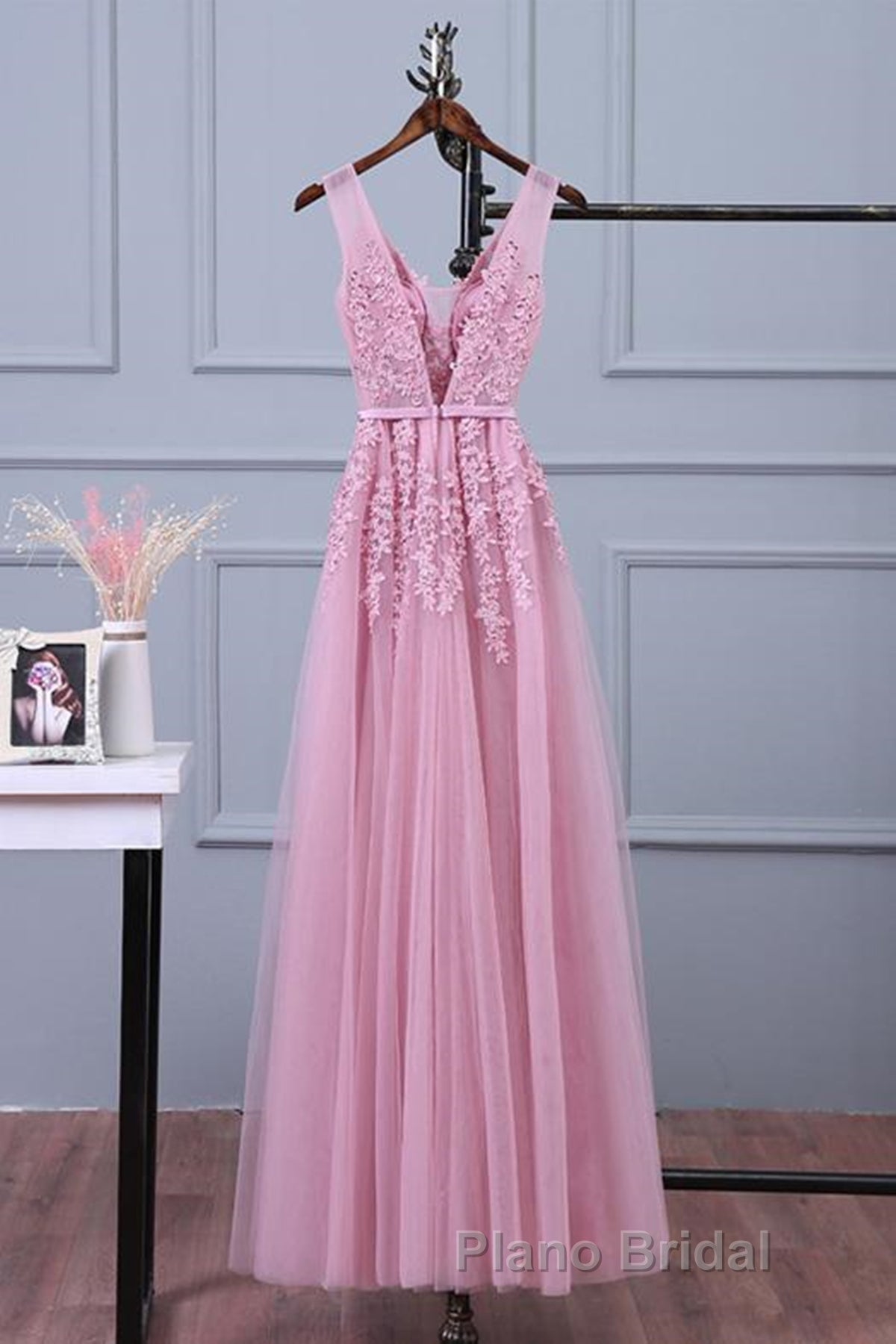 V Neck Pink Lace Formal Prom Dresses, Pink V Neck Lace Bridesmaid Formal Dresses Secondary image